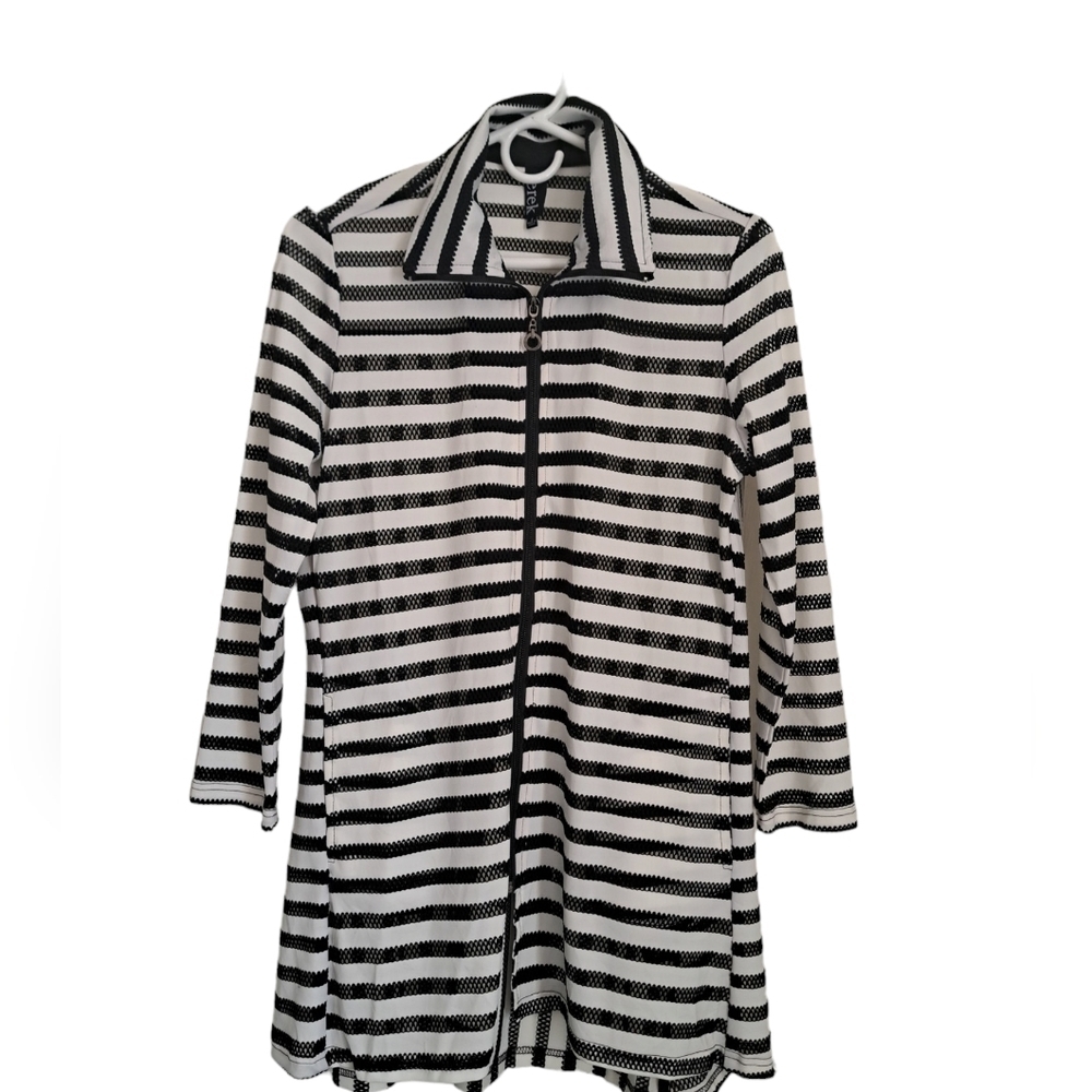 Black white stripe Beachy Airy Zip Jacket coverup Lightweight Pockets BEREK SM